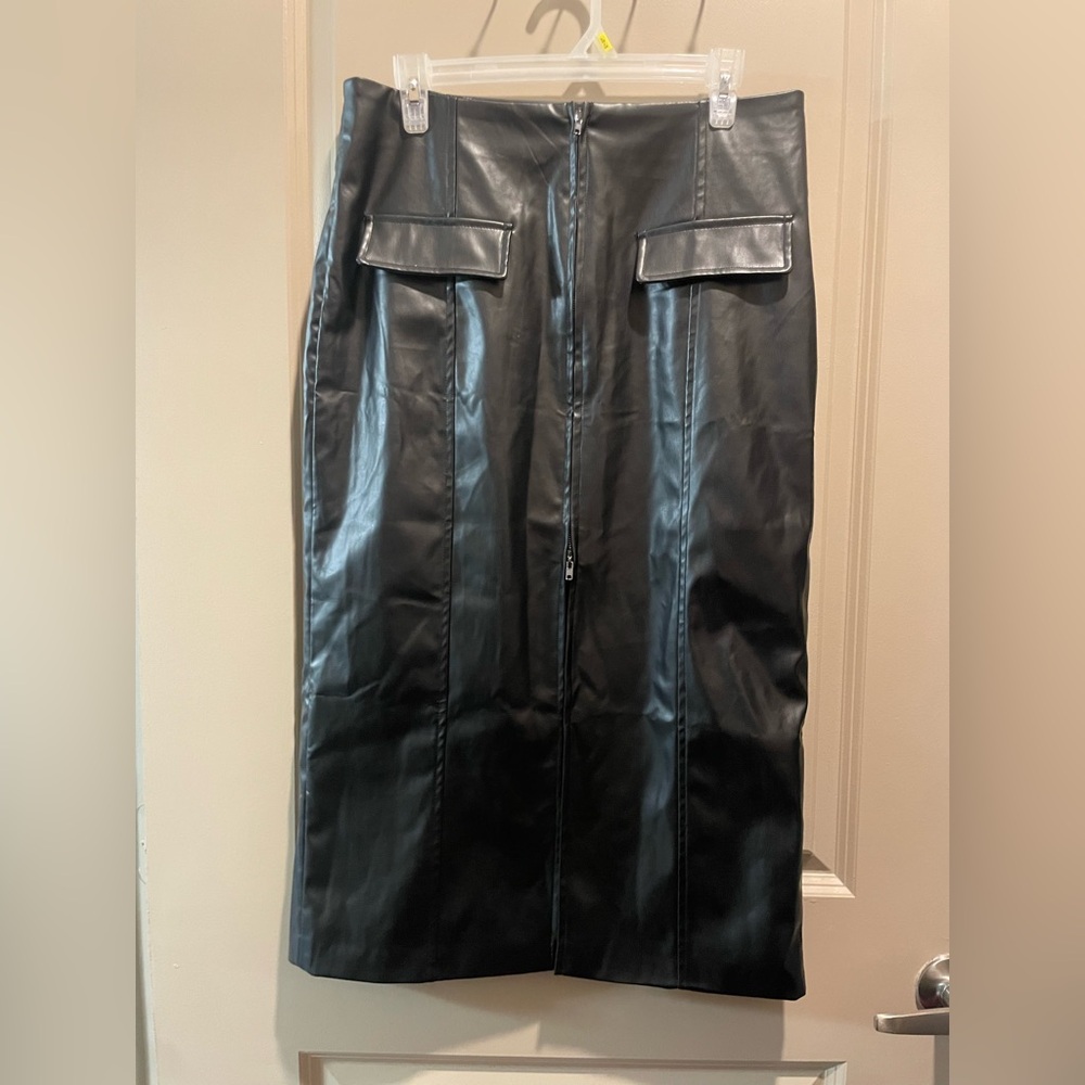 Black Faux Leather Midi Skirt